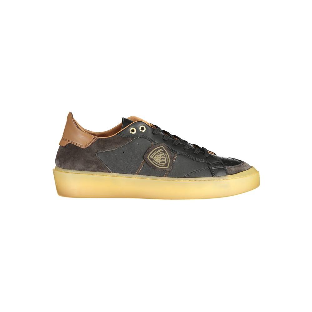 Blauer black leather men's sneaker with lace-up design and logo, featuring brown accents and contrasting details, side view.