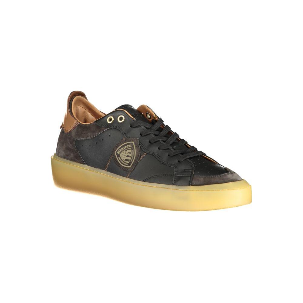 Blauer black leather men's sneaker with contrasting details and logo, featuring a lace-up design and removable insole for comfort.