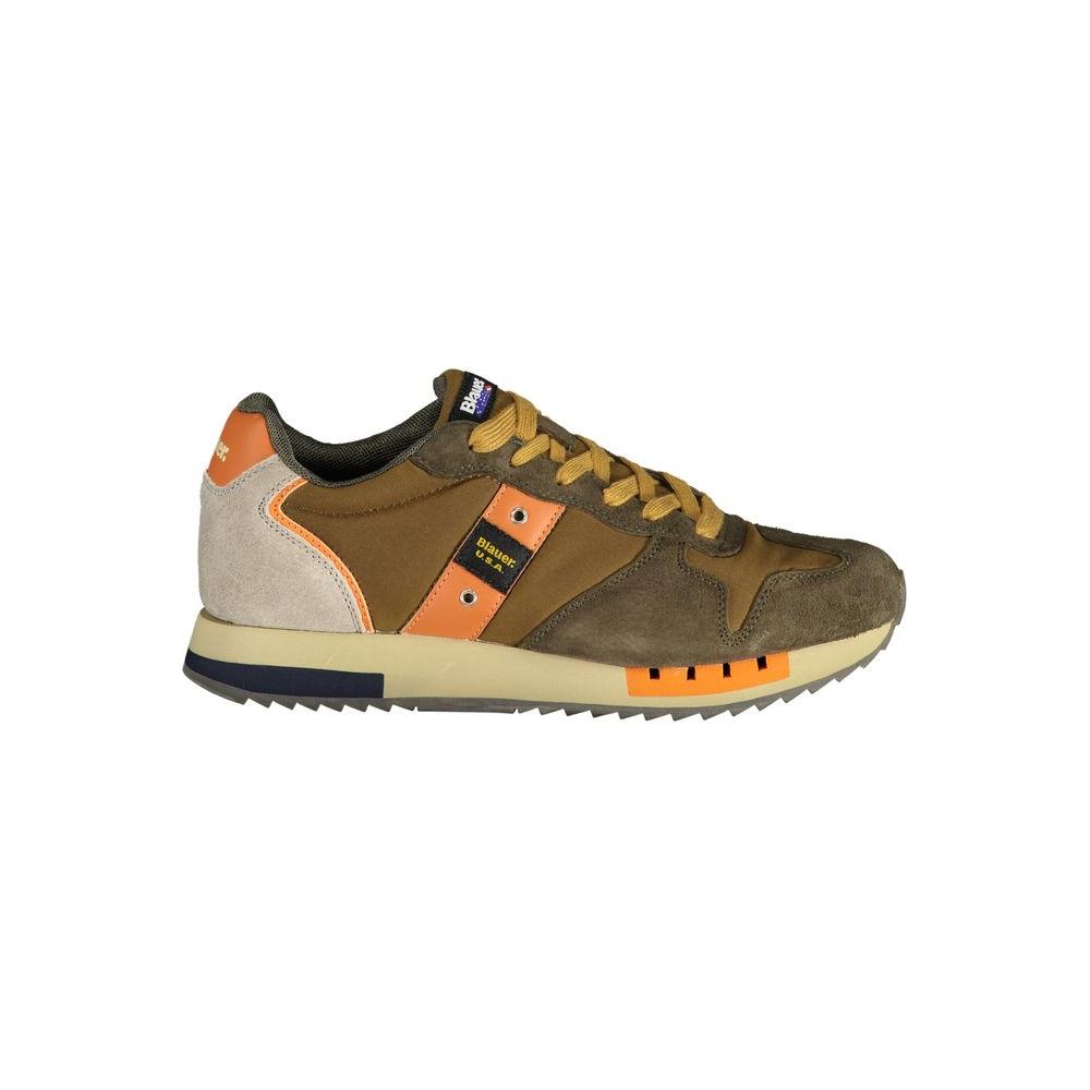 Blauer brown polyester sneaker with laces, contrasting orange and beige details, logo print, and sporty design.