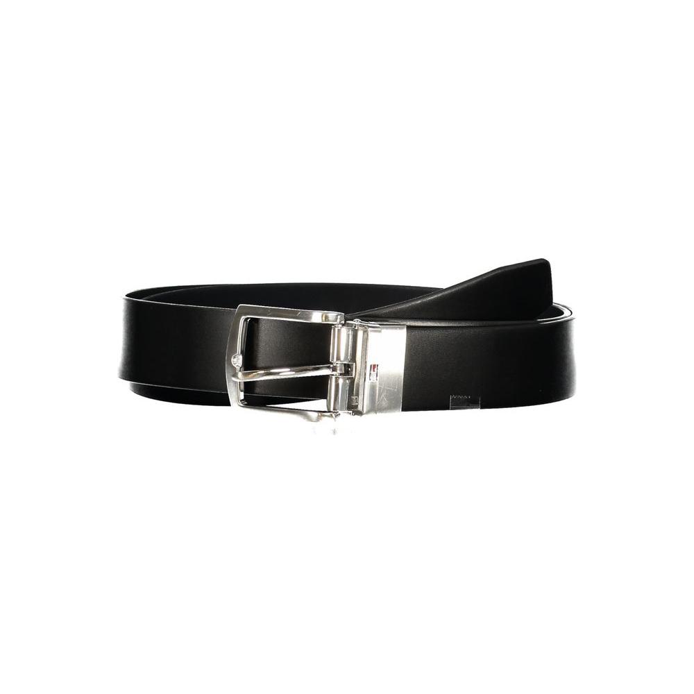 Tommy Hilfiger reversible blue leather belt with silver buckle, showcasing iconic logo, ideal for men's fashion-forward wardrobe.