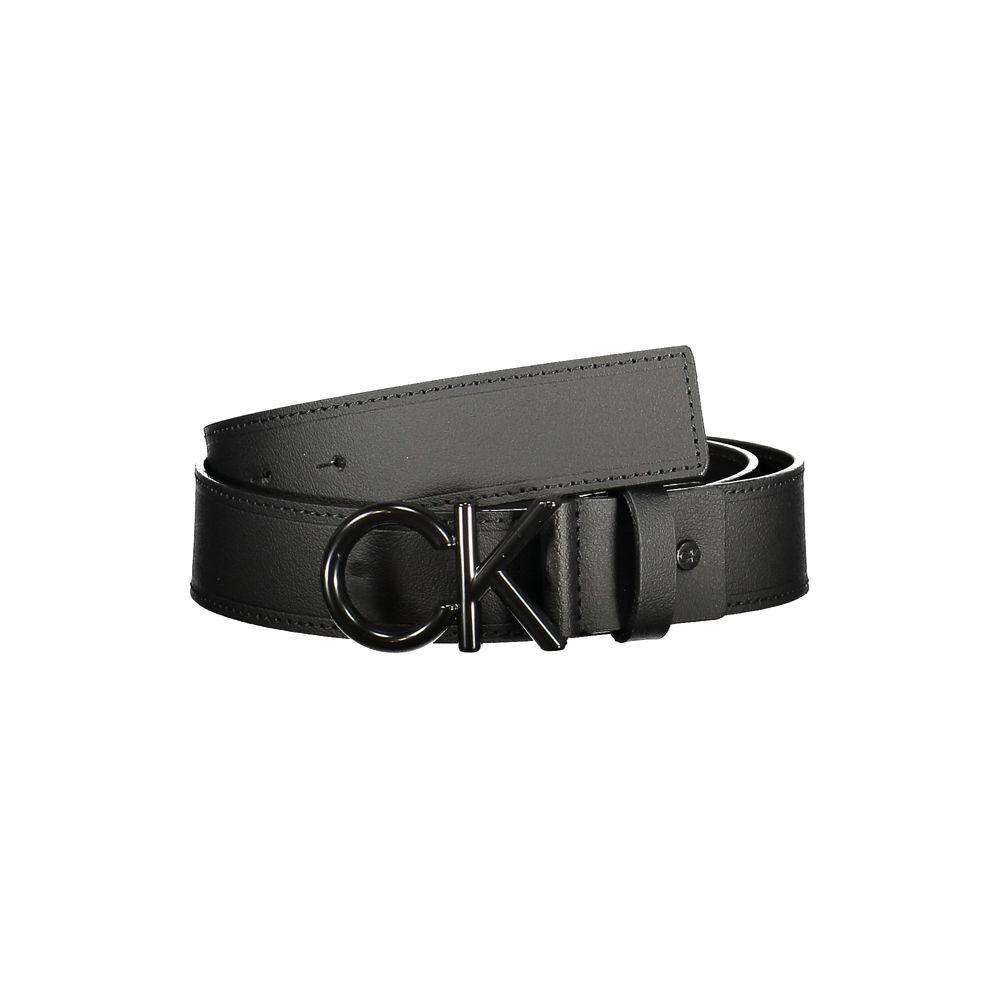 Calvin Klein black leather men's belt with metal buckle and logo, showcasing luxury and timeless sophistication.