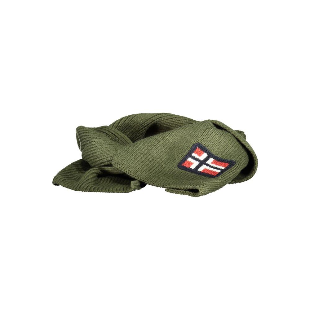 Norway 1963 green acrylic scarf with embroidery and logo, 180x28 cm, featuring a stylish design.