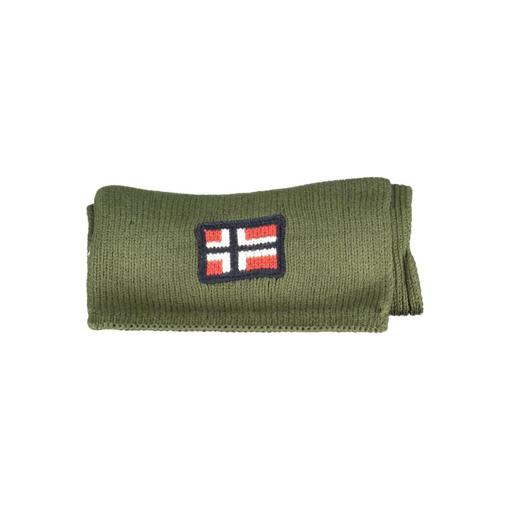 Norway 1963 green acrylic scarf with embroidered logo, 180x28 cm, folded view.
