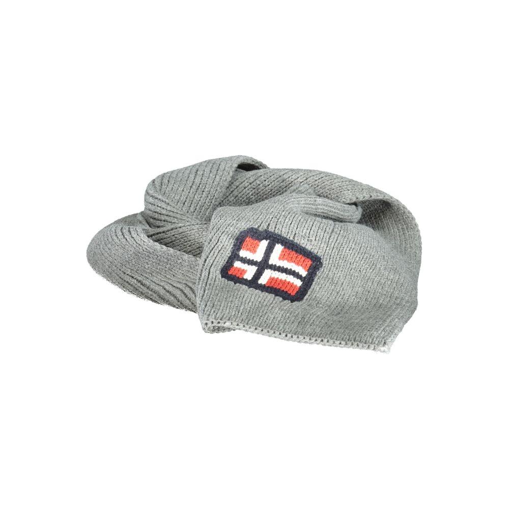 Gray acrylic men’s scarf with Norway 1963 logo, featuring sophisticated embroidery; ideal for style and comfort in cooler weather.
