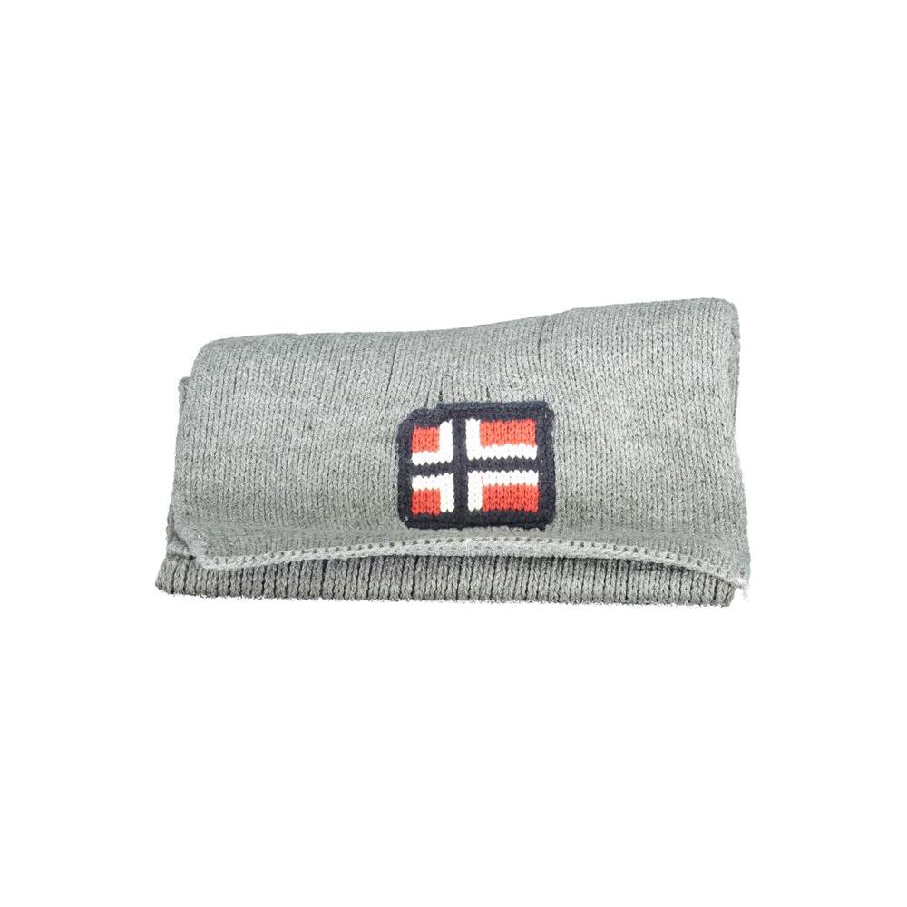 Norway 1963 gray acrylic men’s scarf with stylish embroidery and subtle logo detail, folded for display, ideal for versatile styling.