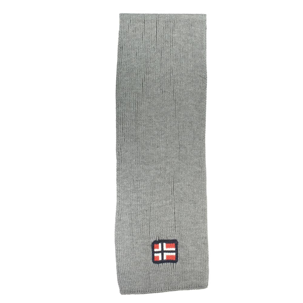 Gray acrylic men's scarf by Norway 1963, featuring elegant embroidery and logo, offering style and comfort for a modern gentleman's look.