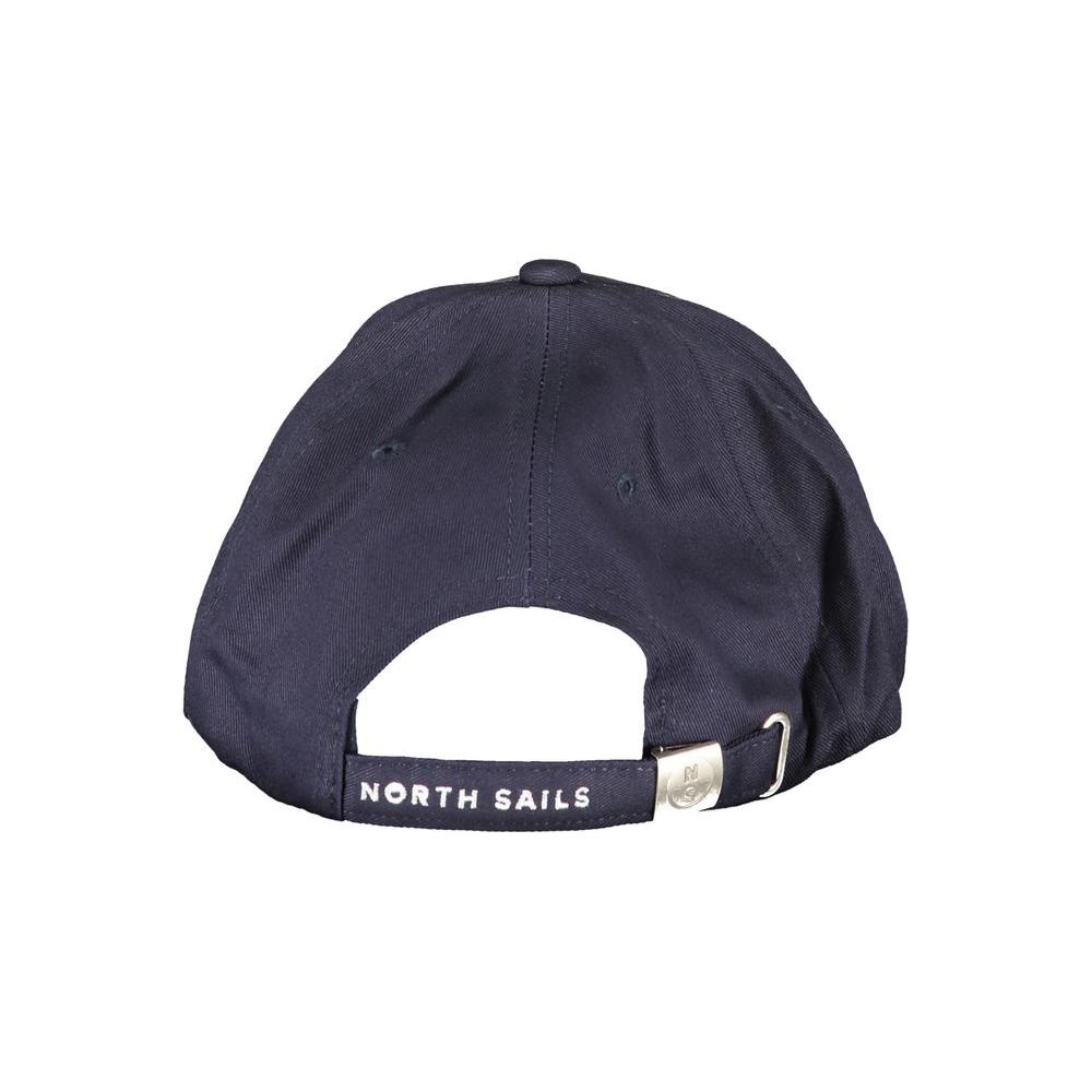 Back view of North Sails blue cotton hat with adjustable strap and embroidered logo, made from organic cotton.