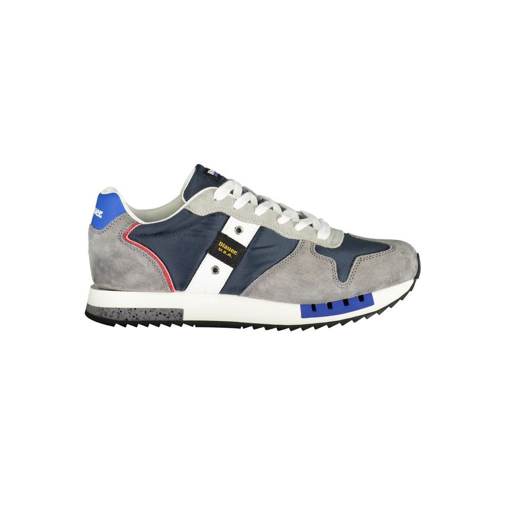 Blauer gray leather men's sneaker with contrasting details and bold print, featuring a second lace option and iconic Blauer logo.