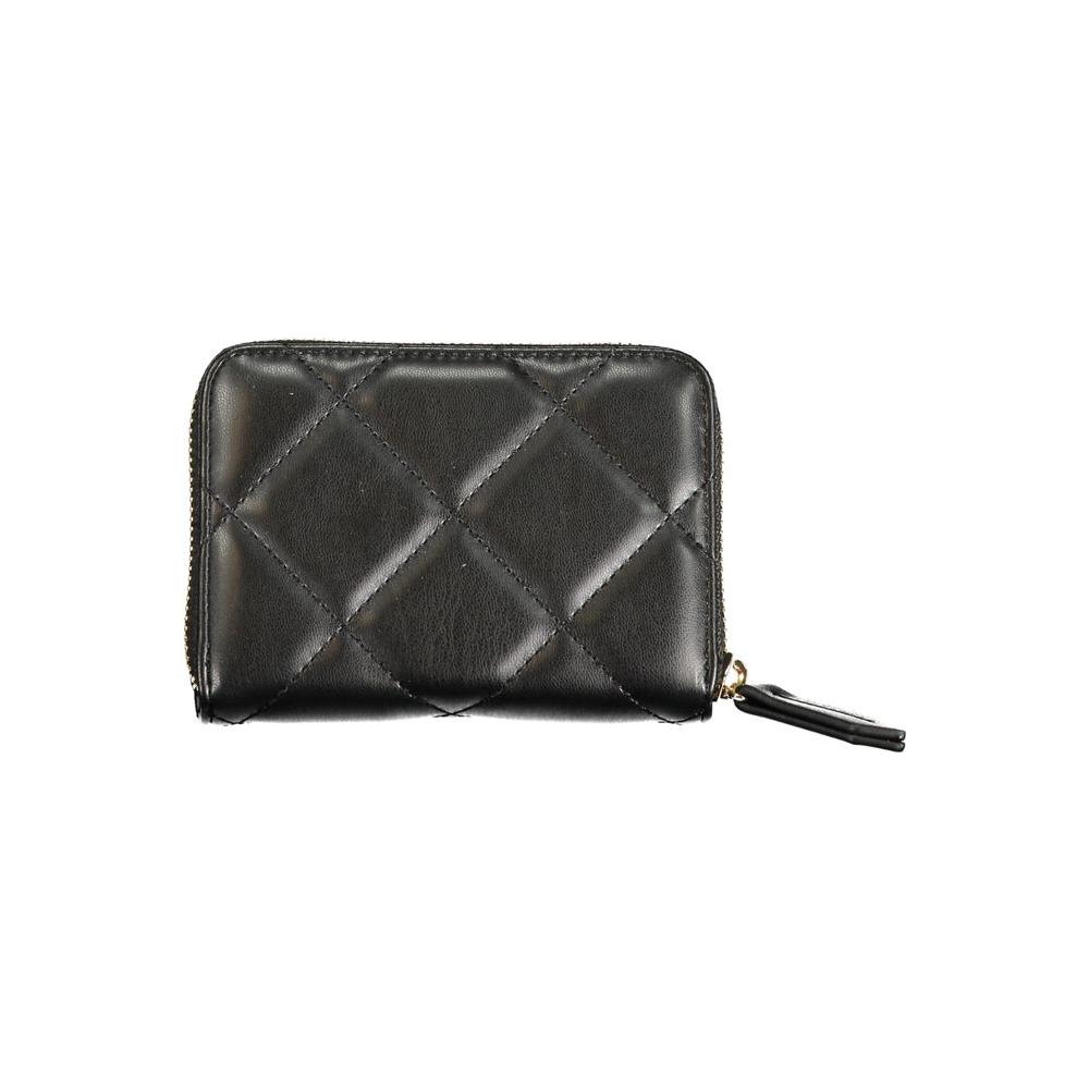 Valentino Bags black polyethylene wallet with quilted design, zip closure, and multiple compartments for cards and coins.
