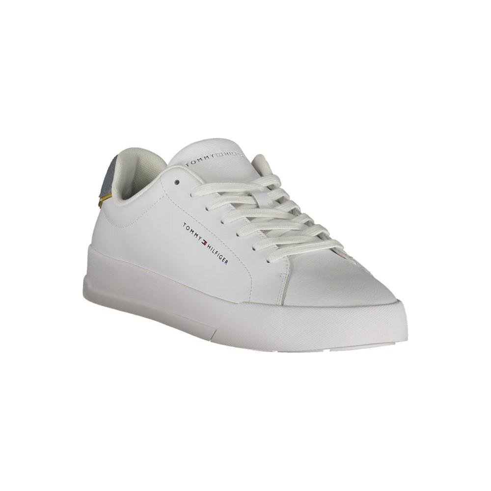 Tommy Hilfiger white leather men’s sneaker with grey accents and iconic logo, offering sporty elegance and custom comfort.