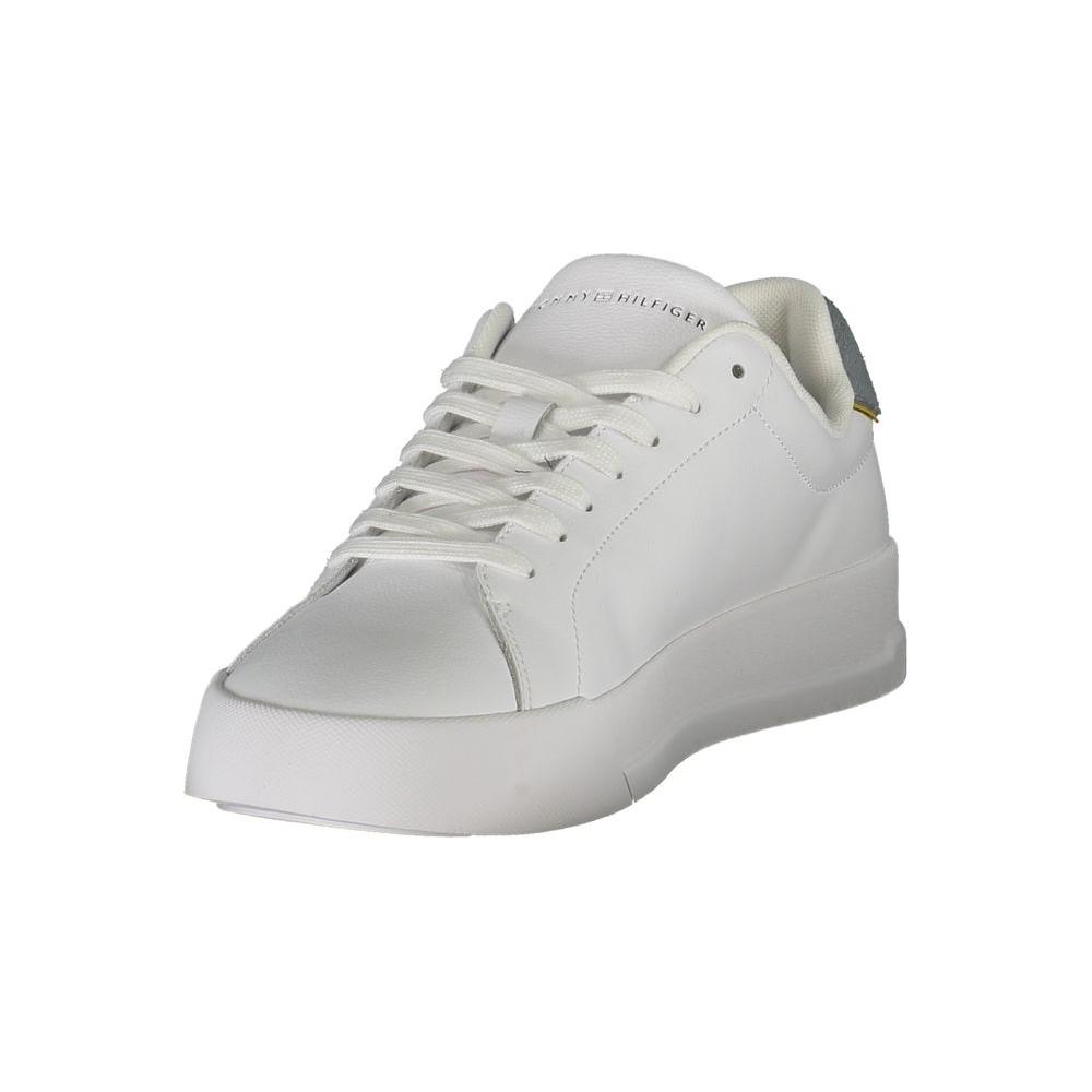 Tommy Hilfiger white leather men's sneaker, featuring grey accents and removable footbed for custom comfort, with iconic logo detail.