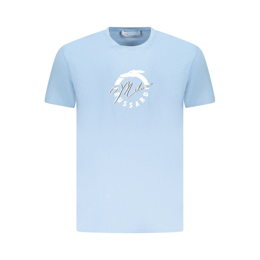 Light blue Trussardi men's cotton t-shirt with logo print, short sleeves, and casual style for effortless fashion.