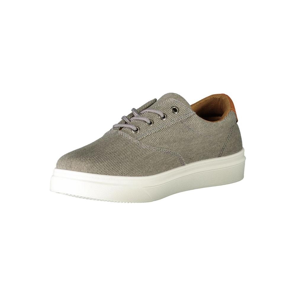 Gray textured low-top sneaker with white sole, featuring minimalist design and subtle brown heel accent.