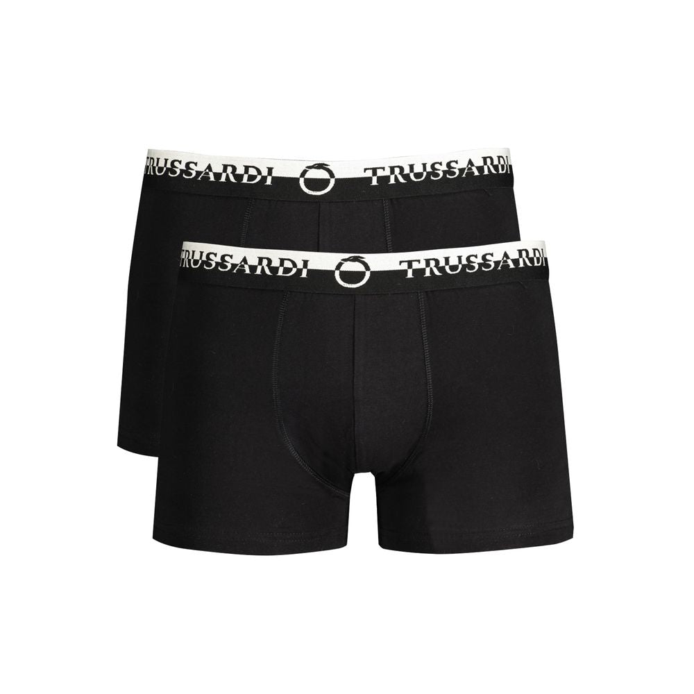 Trussardi black cotton underwear bi-pack with elastic waistband and logo, featuring double elastic for comfort and boxer design.