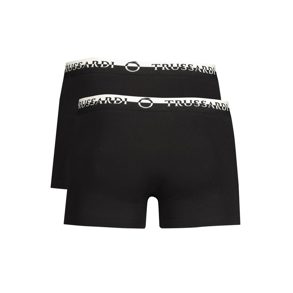Trussardi black cotton underwear bi-pack with double elastic waistband, featuring logo print on elastic band, boxer style.