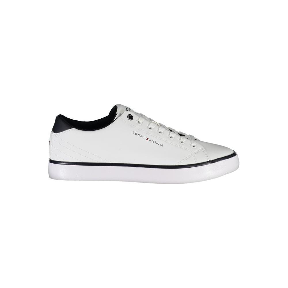 Tommy Hilfiger white polyester sneaker with laces, contrast details, logo print, and sporty design.