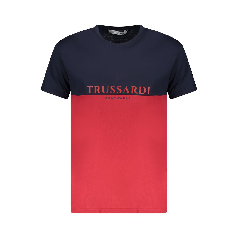 Trussardi red and black cotton men's T-shirt with bold artistic print and logo, short sleeves, stylish Italian fashion design.