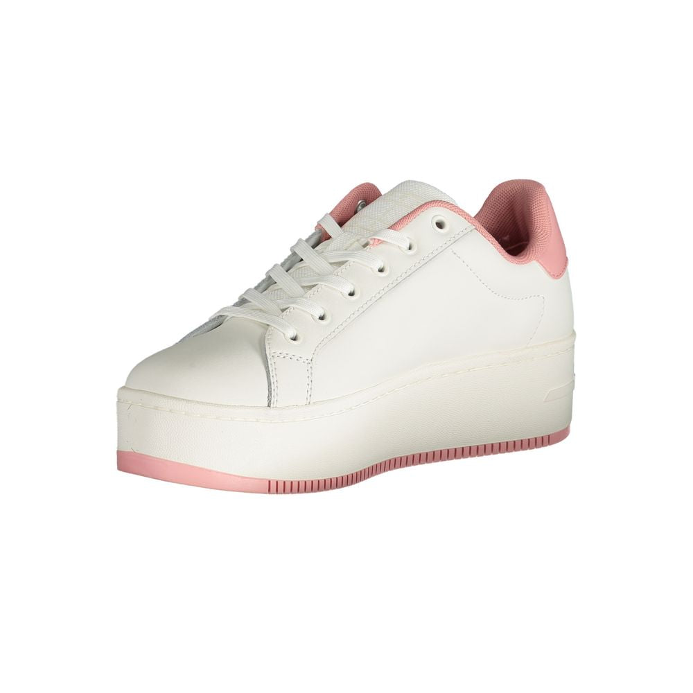 Tommy Hilfiger Pink Polyester Sneaker with 5 cm wedge, lace-up design, sports footwear. Features print and logo.