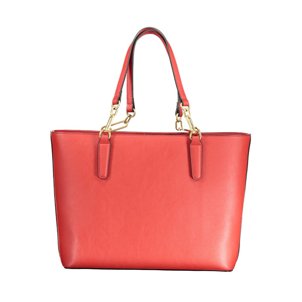 Mario Valentino Red Polyethylene Handbag with shoulder handles, adjustable strap, internal pockets, zip closure, and logo.