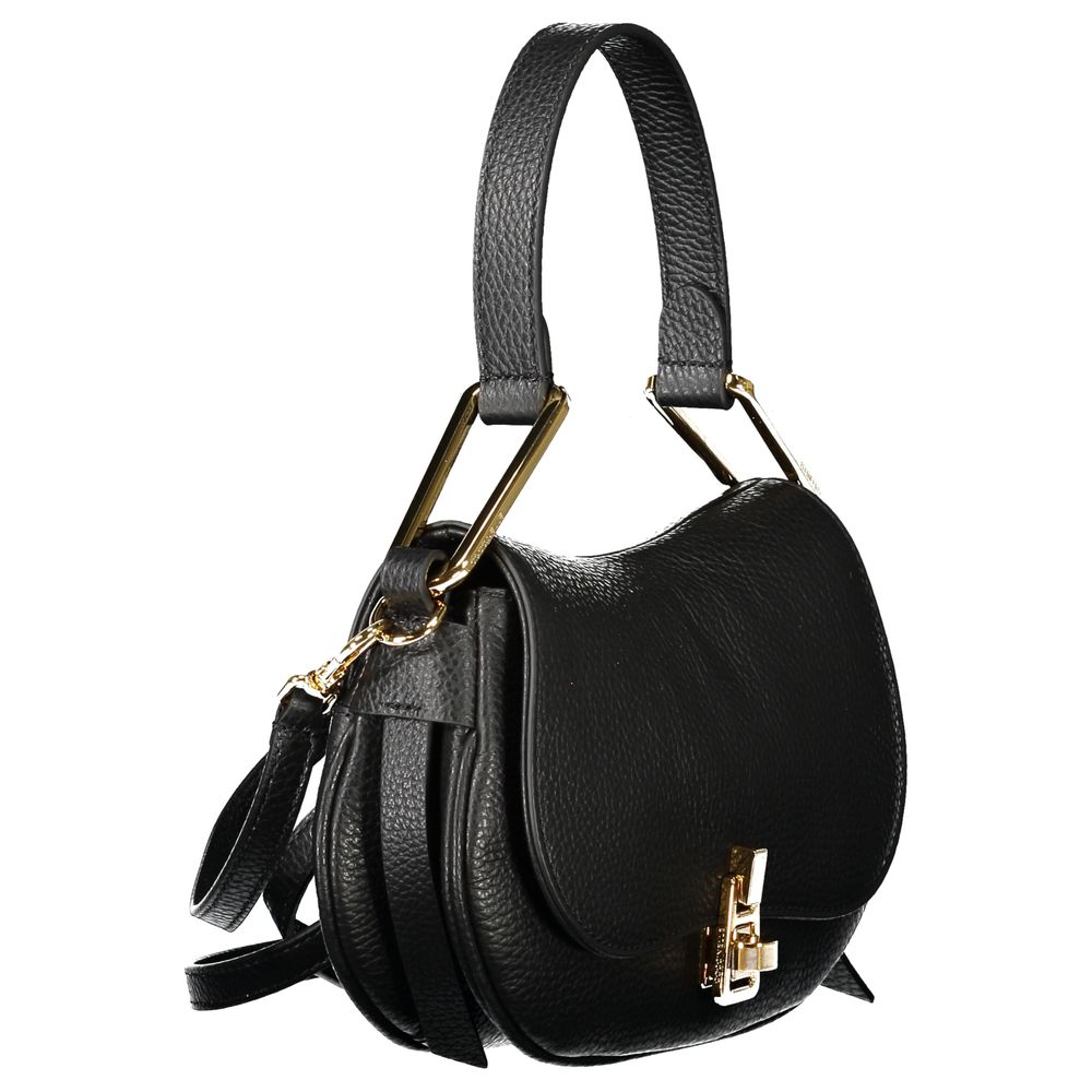 Coccinelle Black Leather Handbag with twist closure, adjustable strap, internal pocket, and logo.