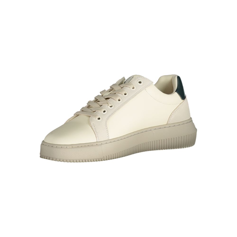 Calvin Klein White Polyester Sneaker with laces and logo, featuring contrasting details and 50% recycled thermoplastic rubber sole.