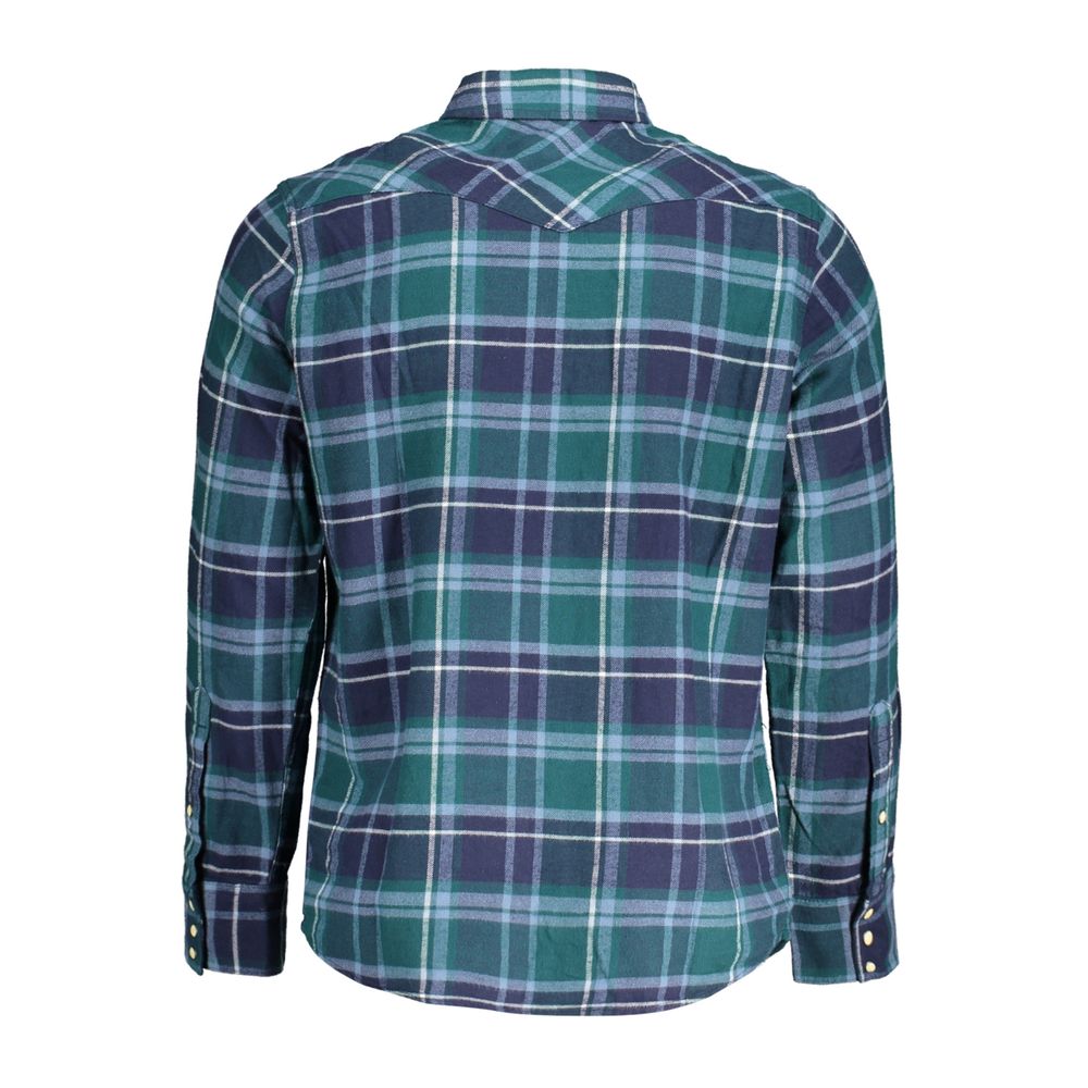 Back view of Wrangler Green Cotton Shirt, long sleeve Scottish flannel with Italian collar and automatic pockets