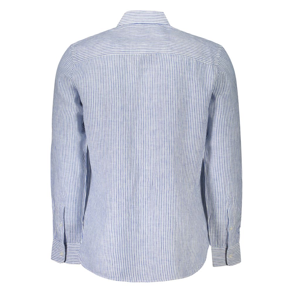 Back view of North Sails Blue Linen Shirt with long sleeves and striped pattern, featuring a French collar and 1 button cuffs.