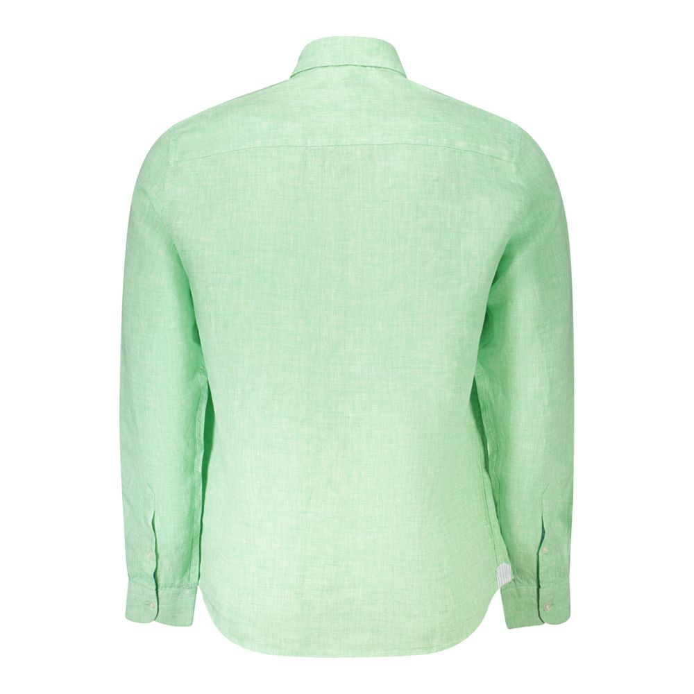 Back view of North Sails Green Linen Shirt with long sleeves and Italian collar, featuring embroidery and button cuffs.
