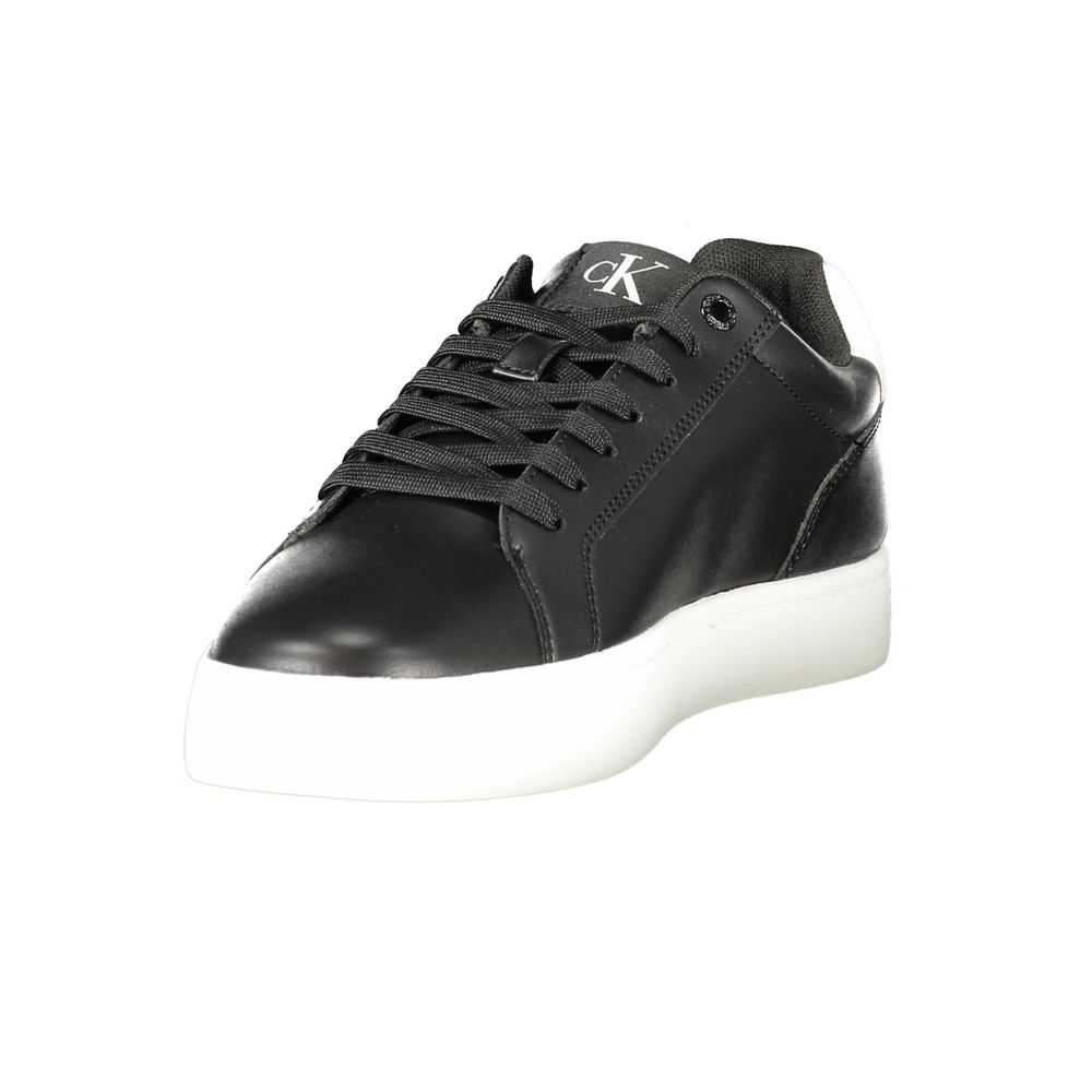 Calvin Klein Black Leather Men Sneaker with white contrasting sole and CK logo, showing sleek design and stylish comfort.