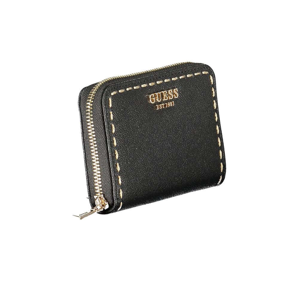Guess Jeans Black Polyethylene Wallet with contrasting details, zip closure, coin purse, double card spaces, logo visible.