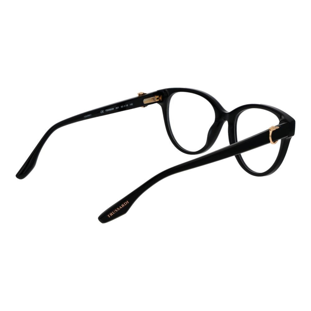 Trussardi Black Acetate Glasses (Frames) - Women's full-rim butterfly style, black acetate frame, plastic demo lenses, size 53-18-145.