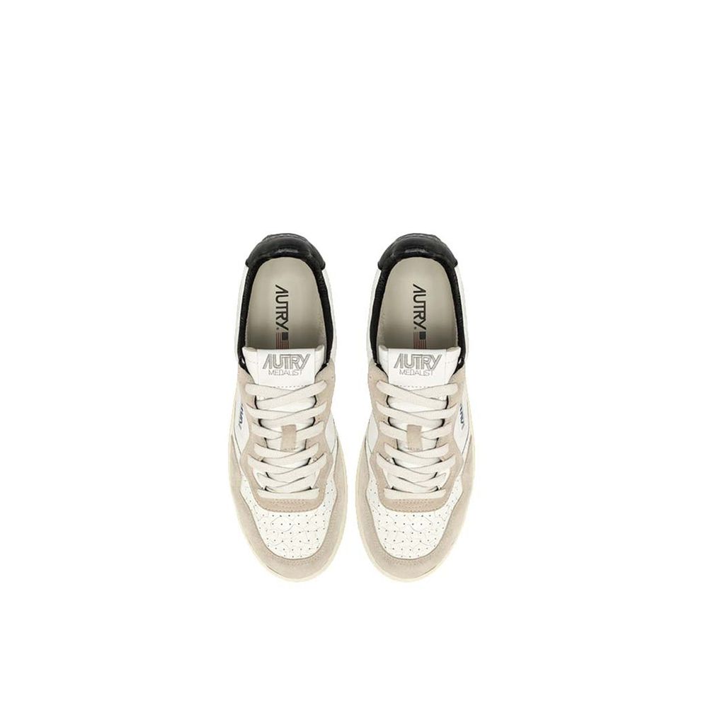 Top view of Autry White Goatskin Low Top Sneakers showing lace-up design and embroidered logo detail for men.