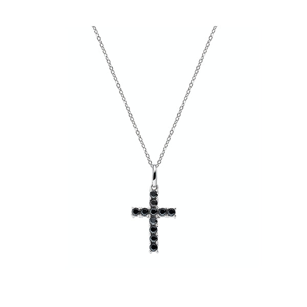 AMEN JEWELRY Mod. CRBN02 cross necklace with black stones on silver chain