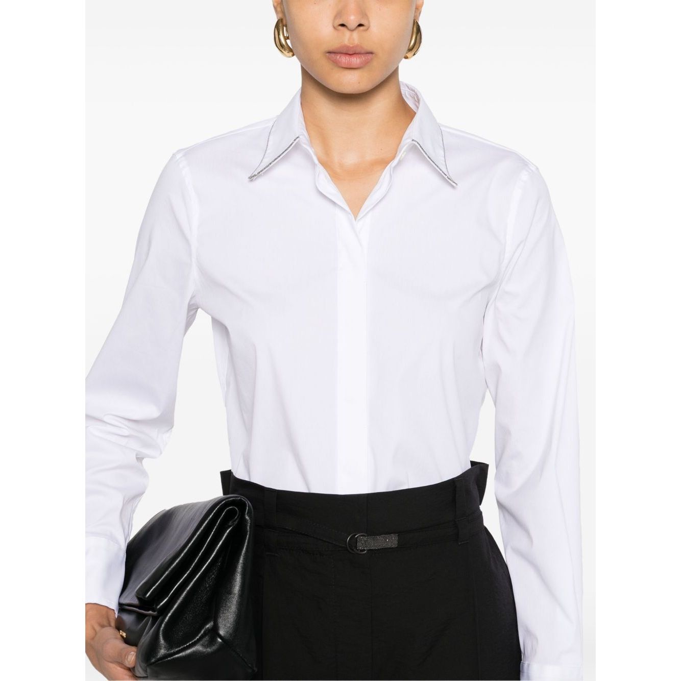 Brunello Cucinelli Shirts White with pointed collar and Monili chain, shown on model with black pants and clutch