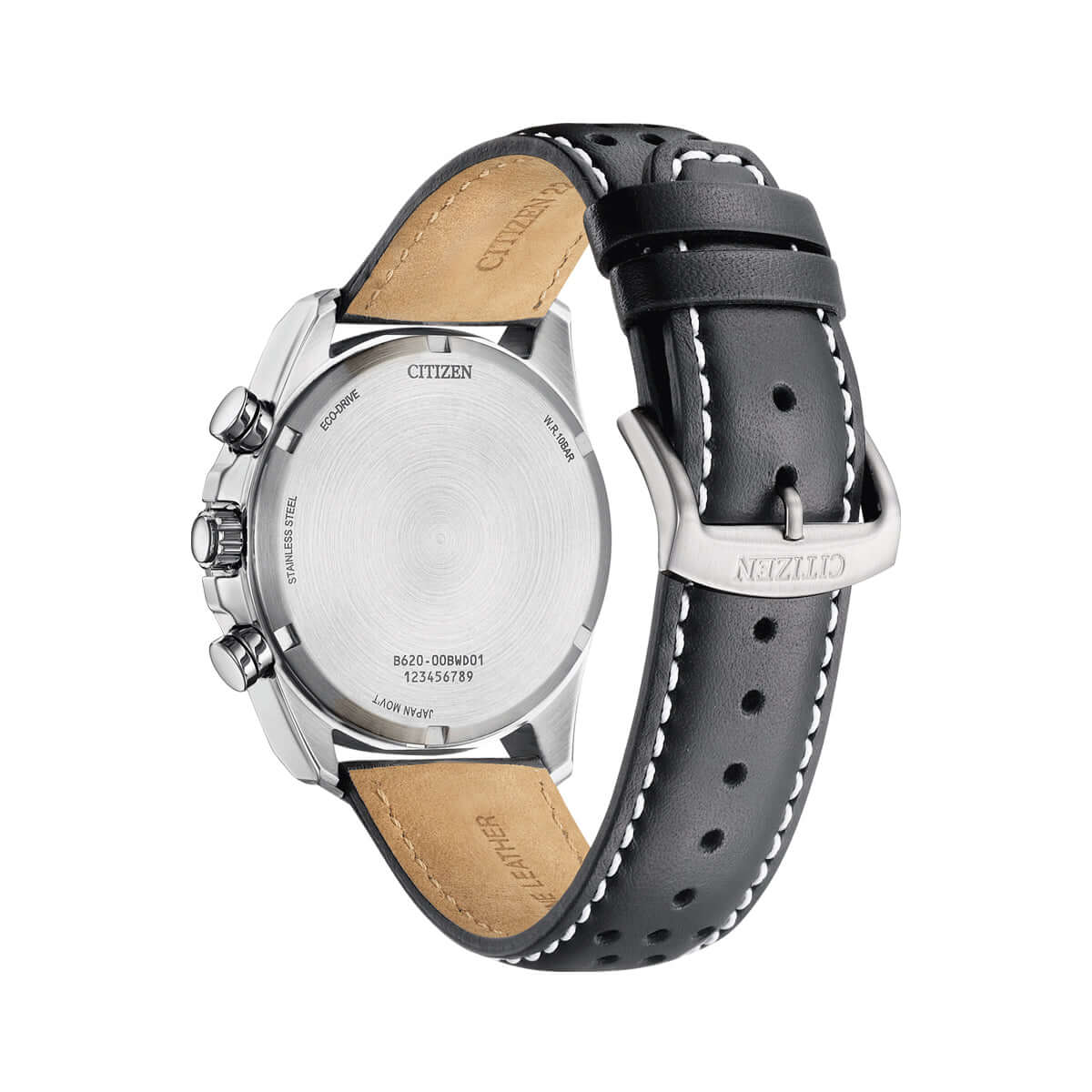 Back view of Citizen Mod. Racing Chrono watch with black leather strap and stainless steel case on white background.