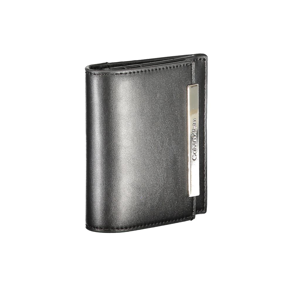 Calvin Klein Black Polyester Wallet with RFID block, external pocket, card spaces, and zip closure featuring the Calvin Klein logo.