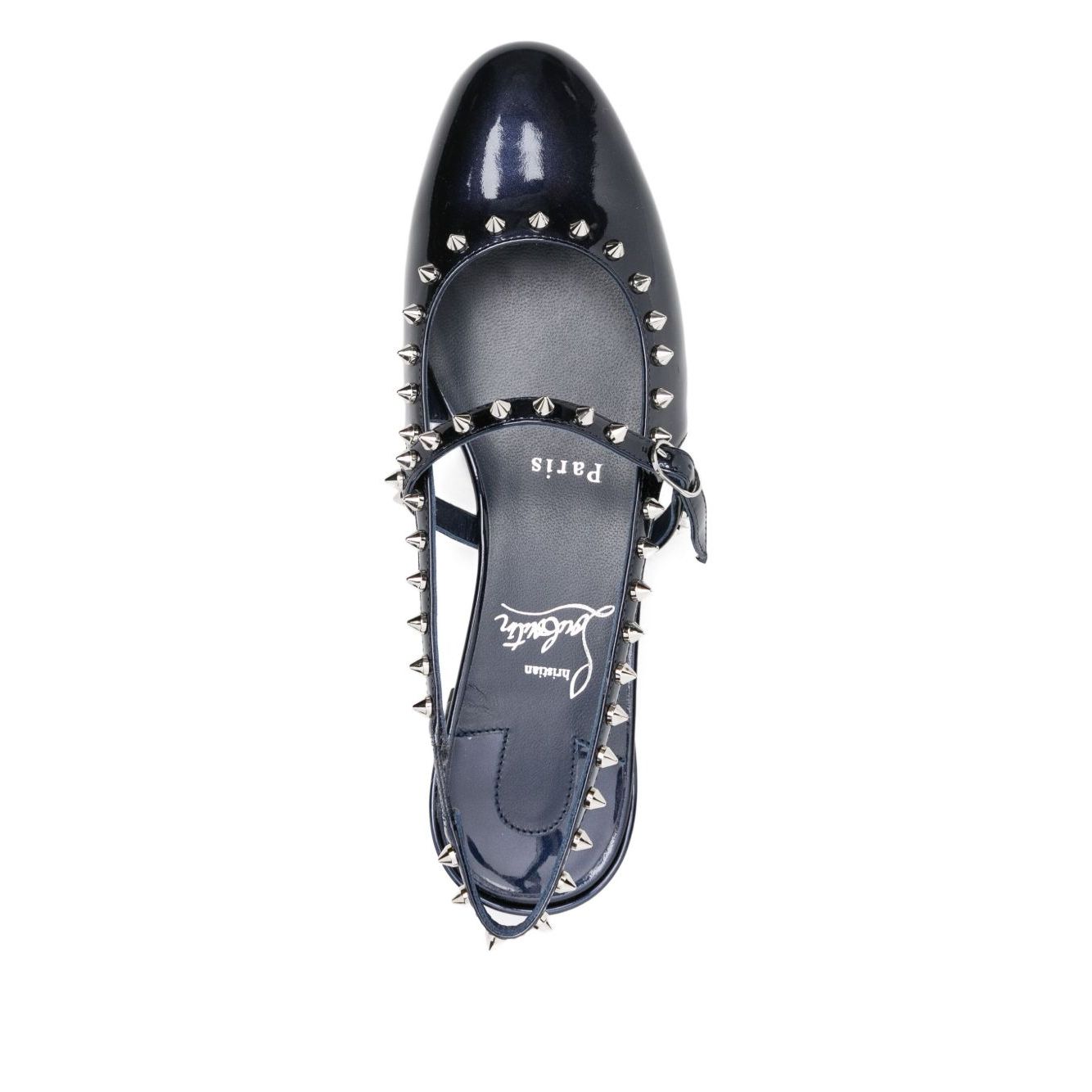 Christian Louboutin Sweet Janispikes Ballerinas in blue patent leather with studded embellishments and slingback strap, top view.
