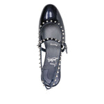 Christian Louboutin Sweet Janispikes Ballerinas in blue patent leather with studded embellishments and slingback strap, top view.