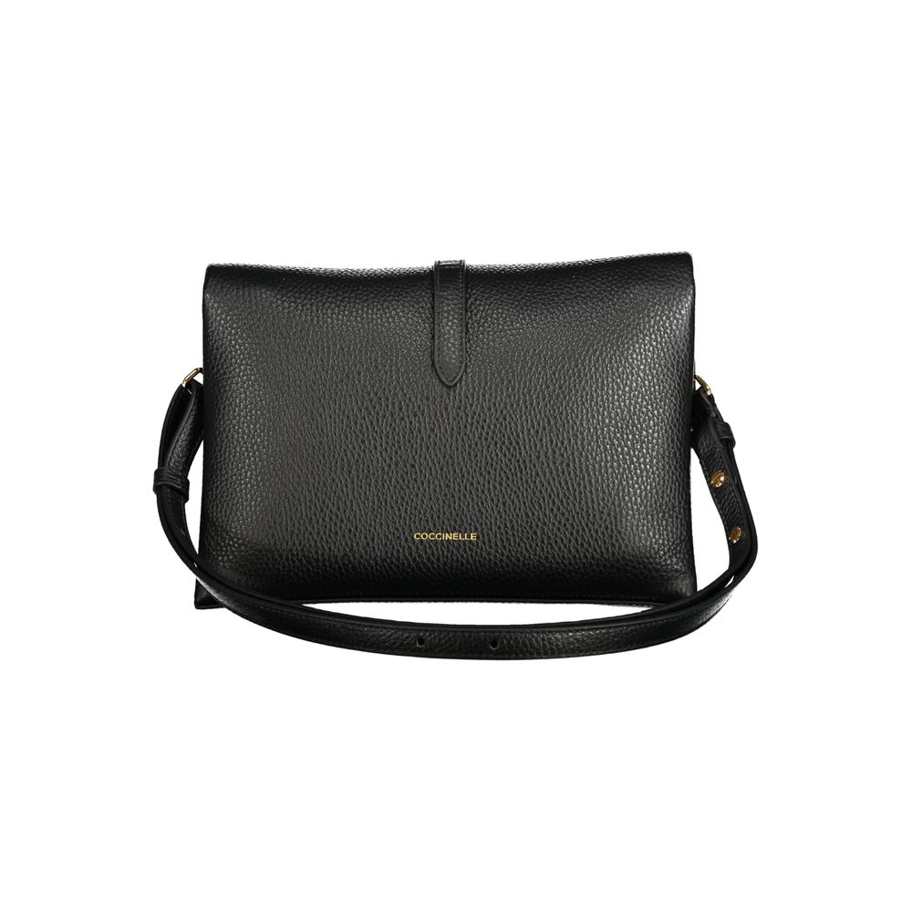 Coccinelle Black Leather Handbag with adjustable and removable shoulder strap, featuring zip closure and internal pocket.
