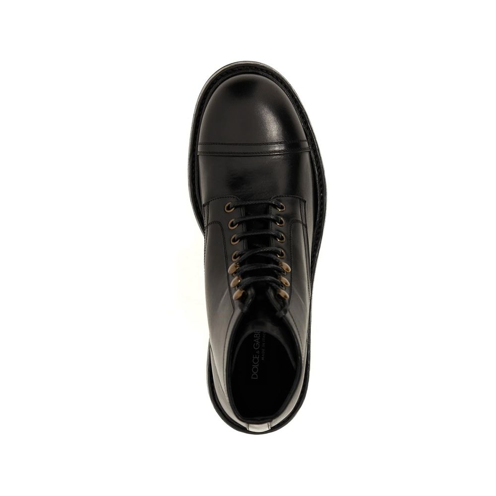 Dolce & Gabbana Black Calfskin Lace-Up Boots, men's luxury leather footwear with round toe, made in Italy, top view.
