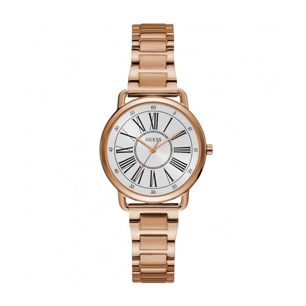 GUESS Mod. JACKIE wristwatch in rose gold with quartz movement, 34mm case, only time function, and official box packaging.