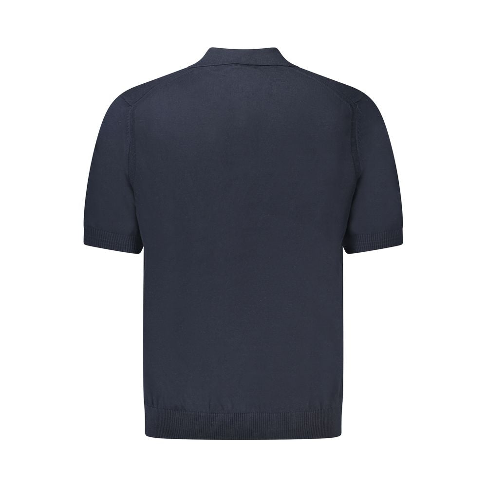 Hugo Boss Blue Cotton Sweater, short sleeved, 2 buttons, embroidery, logo, stylish and comfortable design for men.