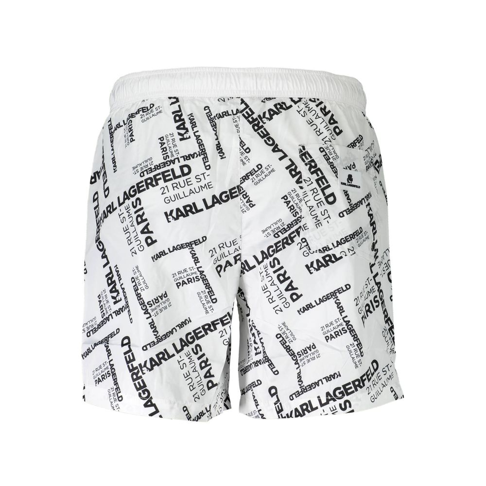 Karl Lagerfeld White Polyester Swimwear with logo pattern, medium swim boxer, side pockets, back pocket, and drawstring laces.