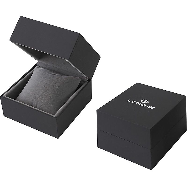 Packaging for LORENZ MOD. 26208EE gentle watch, featuring black box with cushion, ideal for stainless steel quartz wristwatch. Water resistant 10 ATM.