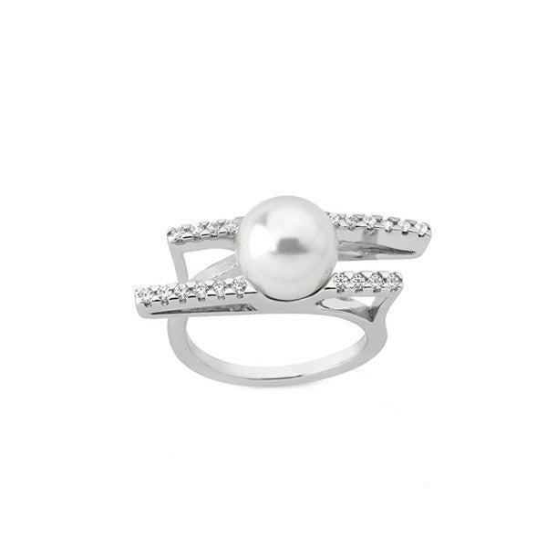 Silver ring with pearl from MAJORICA JEWELRY Mod. 15179.01.2.917.010.1, featuring a split band design with embedded gemstones.