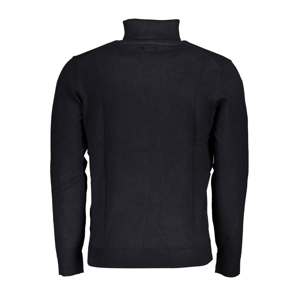 Back view of Norway 1963 Blue Fabric Sweater, long-sleeved turtleneck pullover with embroidery and logo.