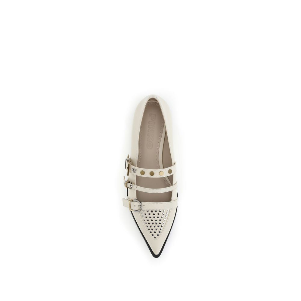 Top view of PINKO Cream Leather Ballet Flats with almond toe, three-buckle closure, and flat stud embellishments for a bold look.