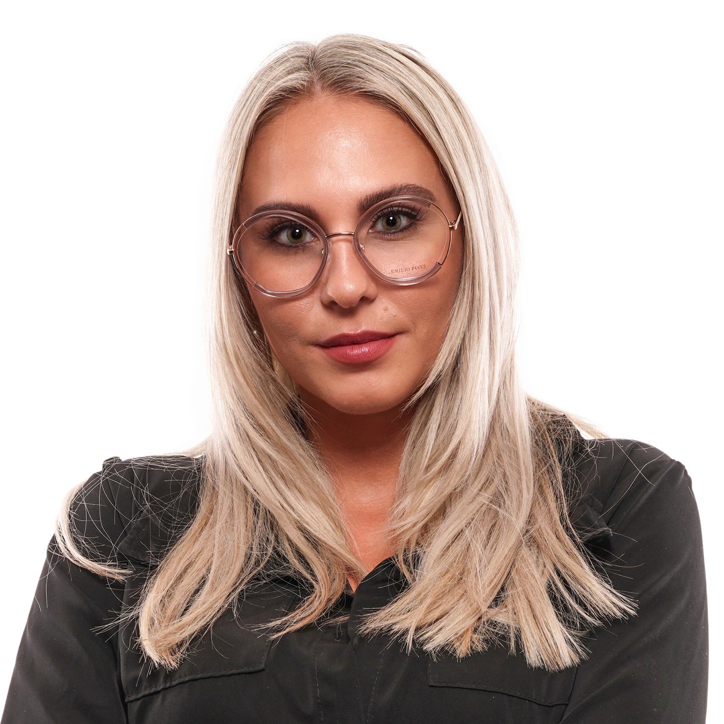 Lady wearing PUCCI MOD. EP5089 54083 glasses, showcasing stylish eyewear fashion.