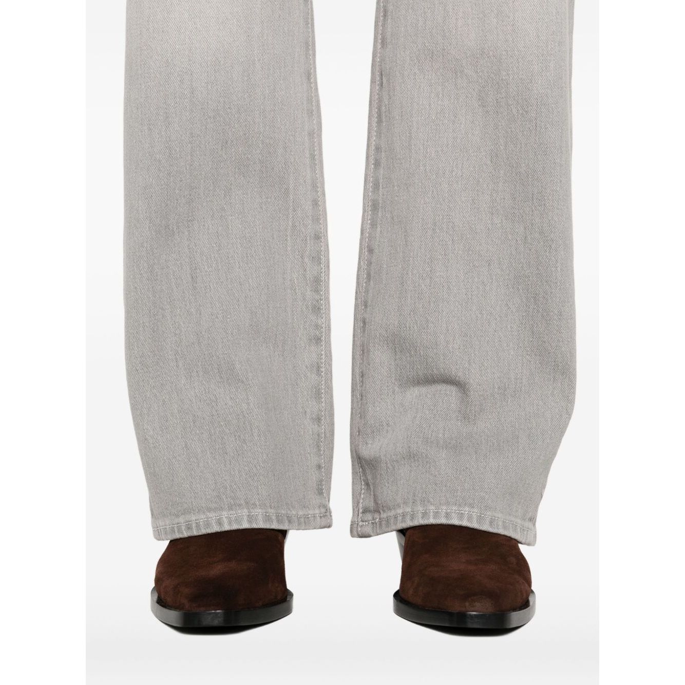 Seven Jeans Grey straight leg denim with brown shoes, featuring five-pocket and button fly design, shown from back view.