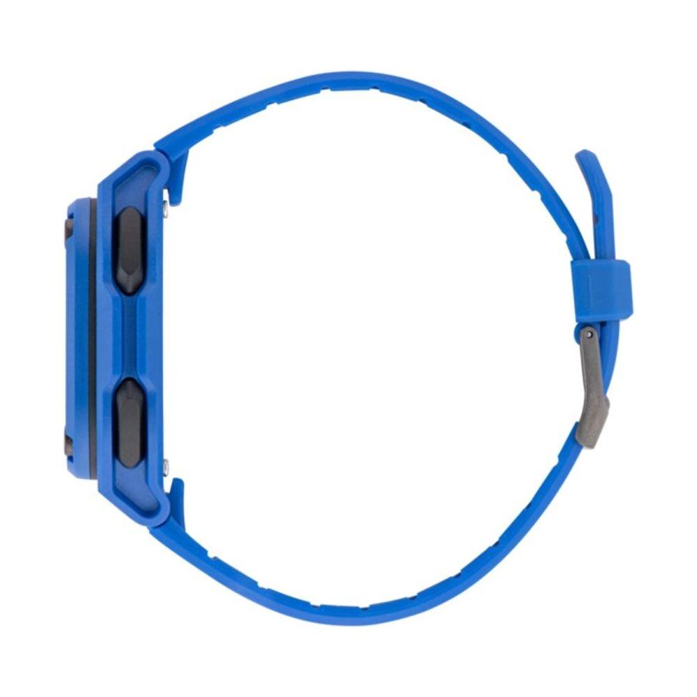 Side view of Adidas Blue Synthetic Watch with quartz mechanism, digital display, resin case, and blue silicone bracelet.